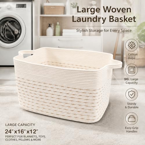 96L Woven Laundry Basket with Handles, Extra Blanket Basket,Yellow - color: White & Yellow, size: 96L