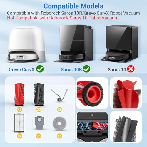 28 Pack Saros 10R Accessories for Roborock Saros 10R/Saros 20/Qrevo CurvX Replacement Part with 2 Red Roller,2 Black Roller,4 Hepa,6 Mop,6 Dust Bag,6 Side Brush,1 Screwdriver,1 Brush - color: Cleaner Robot Parts Set