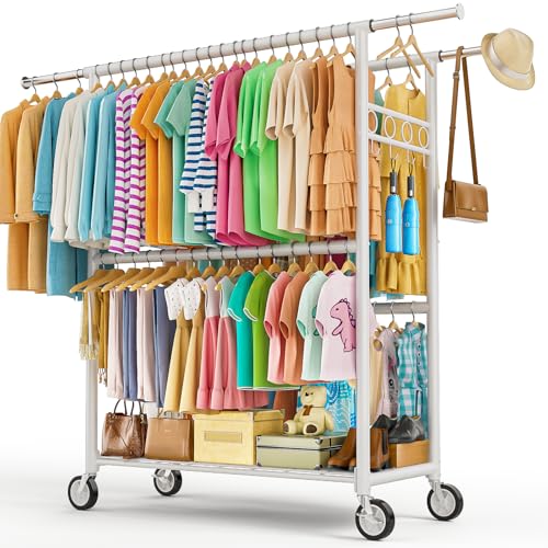 Heavy Duty Clothes Rack Load 1060LBS, Four Rods Rolling Clothing Racks for Hanging Clothes, Rolling Garment Rack With Sturdy Wheels Shelves Hooks, Portable & Adjustable Commercial Garment Rack, White - color: White, size: 20.0" x 60.6" x 72.8"(4 Rods)
