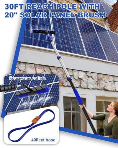 30Ft Reach Solar Panel Cleaning Brush Kit with 5-24ft Telescoping Pole, Water Fed Window Cleaner Tool with 20" Brush, Soap Dispenser, Cobweb Duster, Squeegee for Roof, RV, Gutter, Boat, Deck - color: Blue