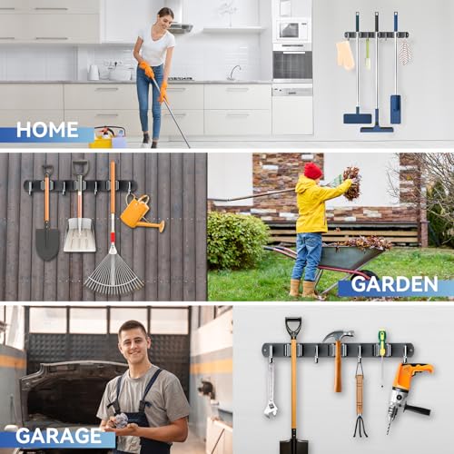 ZONGOOL Wall Mount Broom Holder 3 Racks 4 Hooks Metal Tool Organizer Black - color: Black, size: 1Pack 3R4H