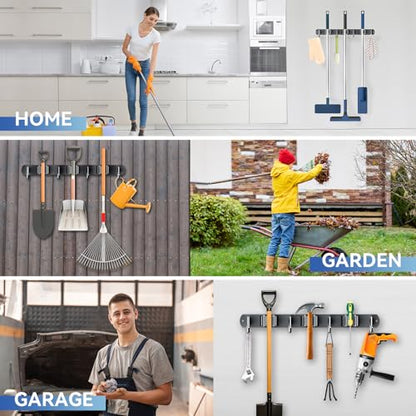 ZONGOOL Wall Mount Broom Holder 3 Racks 4 Hooks Metal Tool Organizer Black - color: Black, size: 1Pack 3R4H