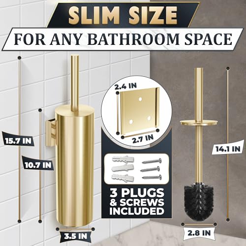 2 Pcs Wall-Mounted Stainless Steel Toilet Brush and Holder Set (Gold) - color: Gold