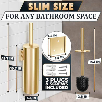 2 Pcs Wall-Mounted Stainless Steel Toilet Brush and Holder Set (Gold) - color: Gold