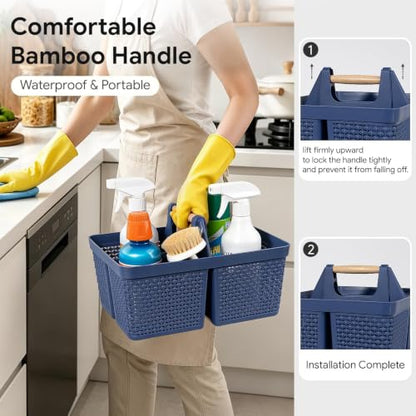 UUJOLY Portable Plastic Shower Caddy Basket with Wooden Handle, Dark Blue - color: Dark Blue