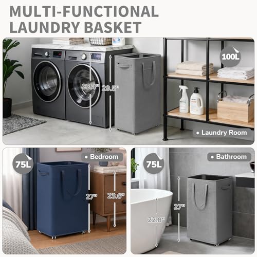 CHICVITA 100L Slim Laundry Basket with Wheels & Wash Bag, Light Grey - color: Light Grey, size: 100L (16.5"L x 12.6"W x 29.5"H)