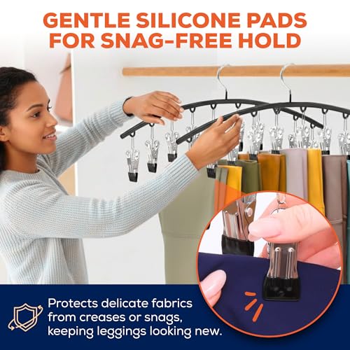 2-Pack Legging Hangers, Space-Saving Closet Organizer with 20 Stainless Steel Clips Total, Holds 20 Leggings, Yoga Pants, Skirts and Scarf | Anti-Slip Multi Clip Hangers