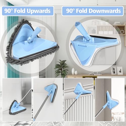 NEWE Wall Washer Mop with 80 Inch Long Handle, Wall and Ceiling Cleaner, 180° Folding Wall Scrubber with Long Handle, Triangle Baseboard Scrubber, 4 Chenille Duster & 2 Microfiber Pads - color: Chambray Blue