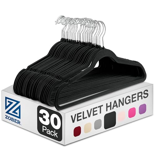 Zober Black Velvet Hangers 30 Pack for Coats, Pants & Dress Clothes - Non Slip Clothes Hanger Set w/ 360 Degree Swivel, Holds up to 10 lbs - Strong Felt Hangers for Clothing - color: Black, size: 30 Pack