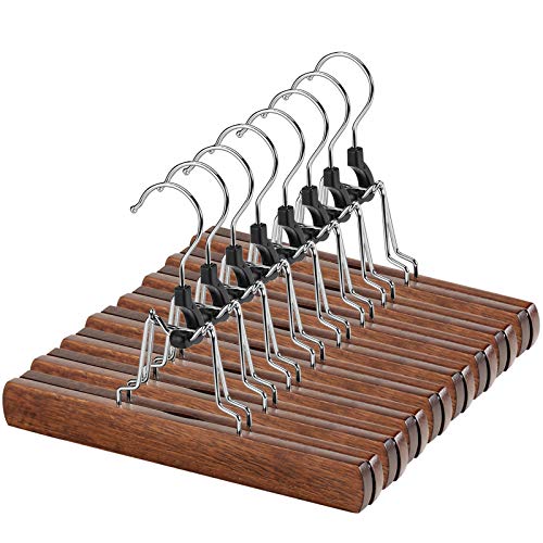 AMKUFO 12 Pack Wooden Pants Hangers with Clips Non Slip Skirt Hangers Walnut Trouser Clamp Hanger Solid Wood Hanger with 360° Swivel Hook - color: Walnut, size: 12 Pack