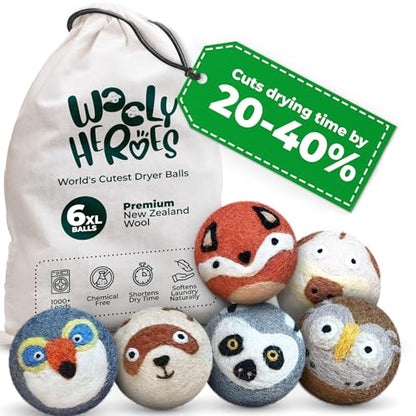 Chemical Free & Baby Safe! Reusable Wool Dryer Balls XL 6-Pack - Reduces Static, Cuts Dry Time, & Softens Naturally - color: Fox & Friends