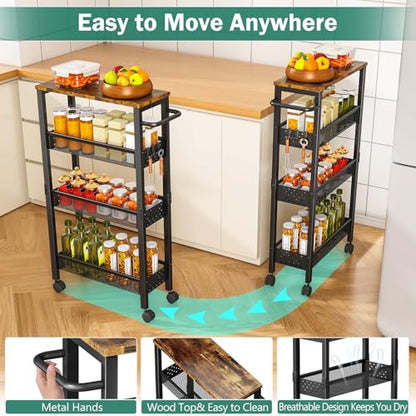 Vivihomety 4-Tier Slim Utility Rolling Laundry Cart with Wheels, Metal - color: Black, size: 7.1 inch wide