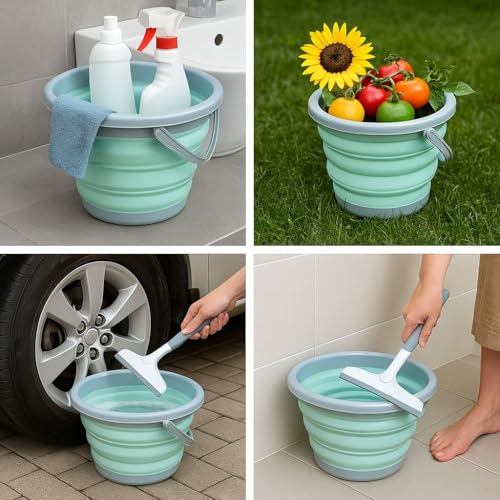 Collapsible Bucket, 10L 2.6 Gallon Foldable Water Pail for Household Outdoor Camping Beach Car Washing, Space Saving Portable Storage Tub. Includes Squeegee.