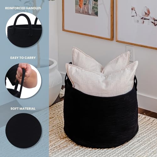 OrganiHaus Round Toy Basket & Blanket Basket, Cotton Rope 20x13" - color: Full Black, size: Wide