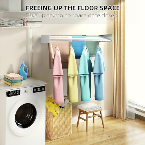 Laundry Drying Rack, Collapsible Wall Mounted Clothes Drying Rack - Drying Rack Clothing Foldable,Space Saving, 32" Wide, 13.2 Linear Ft, 5 Aluminum Rods, 60 lb Capacity (White, 32")