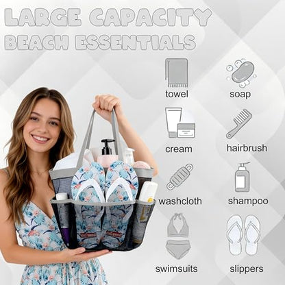 Mesh Shower Caddy Portable - 9 Pockets, Shower Bag for Dorm Room Camping - color: Grey