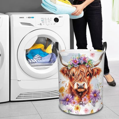 Highland Cow Laundry Basket, 43L 13.8x17.7in Round Oxford Laundry Hamper - color: Flower Highland Cattle