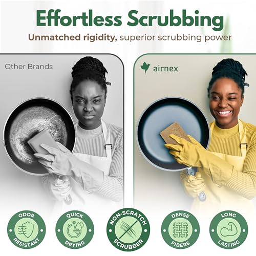 AIRNEX Plant-Based Scouring Pads for Dishes - Coconut Husk Non Scratch Scrub Pads - Natural Kitchen Scrubbing Pads for Pots & Pans - Eco Friendly & Non Abrasive Dish Scrubber Pads - Pack of 12 - size: 12 pack