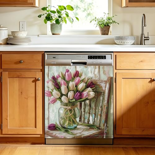Vintage Tulips Jar Dishwasher Cover Magnet, 23 x 26 Inch Trimmable Magnetic Sticker for Dishwasher Front Panel, Easy Clean Decor for Fridge - color: Vintage Tulips Jar
