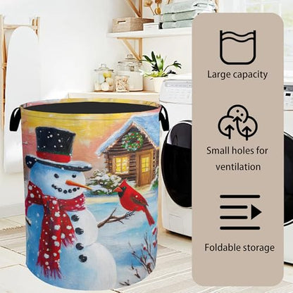 Snowman Cardinal Large Clothes Hamper Bag - Laundry Basket with Handles, Space Saving Foldable Design for Nursery - color: Snowman Cardinal