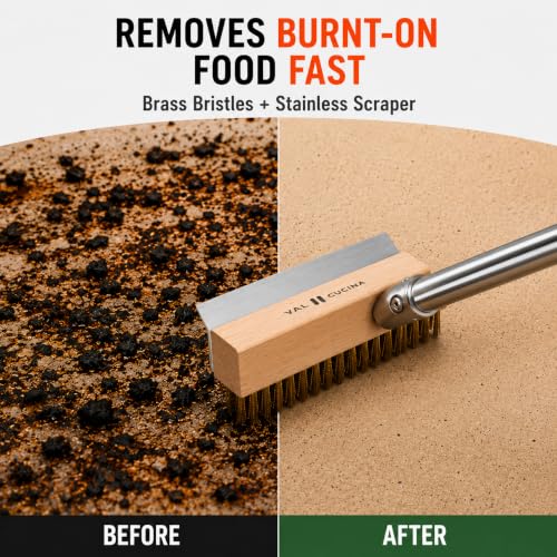 VAL CUCINA Pizza Oven Brush with Scraper, Duty Pizza Stone Brush and Cleaning Tool, Long Stainless Steel Handle Pizza Stone Scraper, Wire Bristle Pizza Brush for Pizza Oven Cleaning