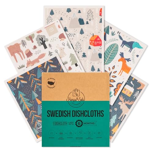 Harps&Seb Swedish Dishcloths for Kitchen Dish Towels - 5 Pack, Non-Scratch Reusable Paper Towels, Super Absorbent Washable Swedish Dish Cloths, No Odor, Biodegradable, Forest Designs - color: Mystic Forest, style: 5 Pack
