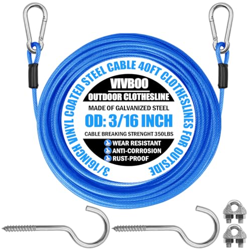 Clothes Line Outdoors 40ft Fixed with Hooks Heavy Duty