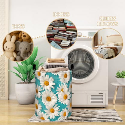 Beautiful White Daisy on Bright Teal Background Laundry Basket, Dorm Nursery Foldable Laundry Hamper Organizer for Bathroom Decor, Toy Clothes Storage Box for Bedroom 19.7x15.7 Inch - style: Daisy20