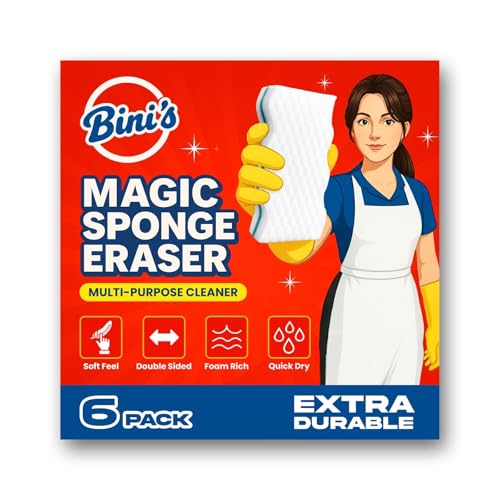 Clearance - BINI'S Magic Sponge Eraser, Extra Durable, Multi Purpose Cleaner, Shoe, Bathroom, Shower, and Car Window and Windshield Cleaner, Cleaning Pads, 6 Count