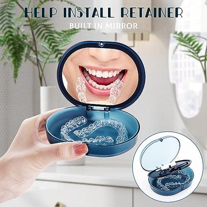 New Double-layer Retainer Storage Case with Belt Chewing,Removal Tool,Cleaning Brush,Built in Mirror Orthodontic Retainer Case - color: blue