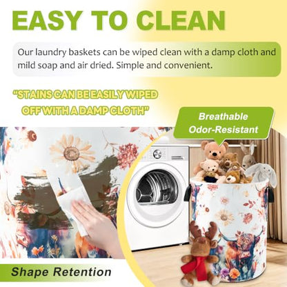 Highland Cow Floral Laundry Basket Foldable Waterproof 18.9 x 16.5 Inch - color: Beautiful Highland Cow