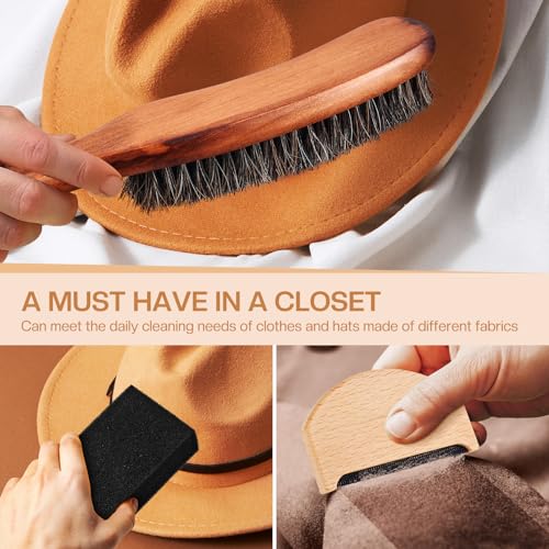 4 Pcs Horsehair Felt Hat Brush Kit with Cleaning Sponge Cowboy Clean Hat Wood Fedora Hat Cleaning Set Baseball Cap Lint Brush Remove Dust for Hair Furniture Suits Clothes(Style C) - style: Style C
