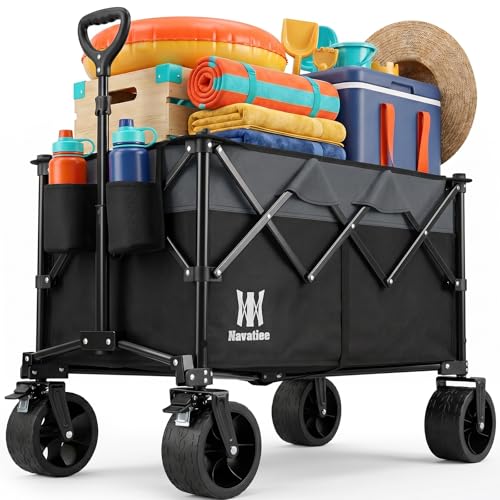 Navatiee 330Lbs Collapsible Folding Wagon, Beach Wagon Cart Heavy Duty Foldable with Big Wheels, Utility Grocery Wagon with 165L Large Capacity for Camping Garden Sports, Black - color: Black, size: 165L