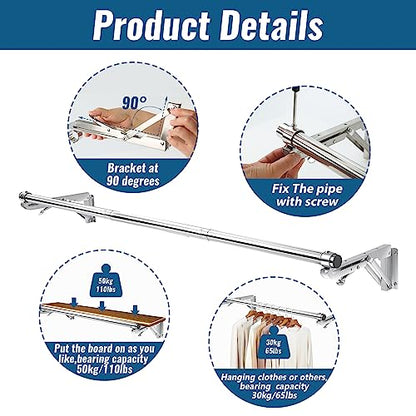TBMLC Foldable Wall Mounted Clothes Rack- 44'' Long Rod & 2 Thick Bases - style: 44 inches length
