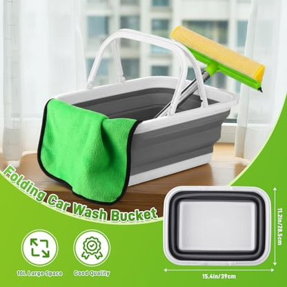 2 in 1 Car Window Squeegee and Collapsible Bucket Set with Long Handle Car Interior Glass Cleaning Tool Reusable Pads Towel Spray Bottle for Home Outdoor Office Commercial Use