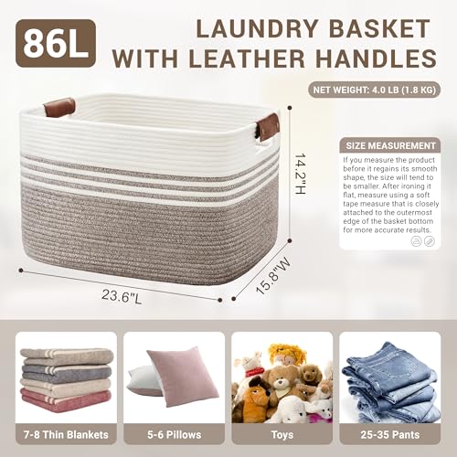86L Woven Laundry Basket Hamper with Leather Handles,Dark Brown - color: Dark Brown, size: 86L