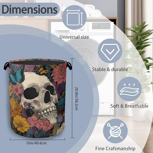 Skeleton Laundry Basket,Butterfly Flowers Oxford Cloth Laundry Hamper with Handle Foldable Portable Clothes Storage Basket for Bathroom Bedroom Dorm Room 16" x 20.8" - color: Skeleton Butterfly Flowers