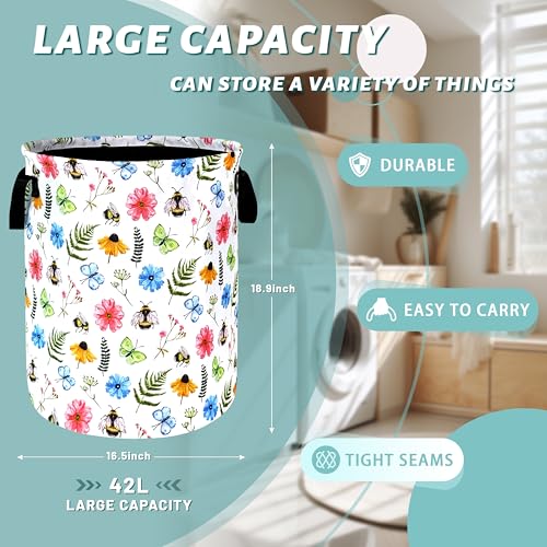 Cute Bee Floral Laundry Basket Oxford Cloth Foldable Hamper 18.9x16.5Inch - color: Cute Bees With Floral Flowers