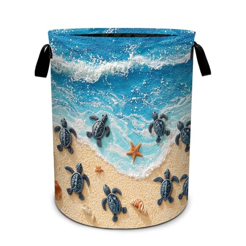 Sea turtles Waves Laundry Basket Foldable Laundry Hamper With Handles Clothes Storage Bucket Organizer Laundry Bag For Bedroom Bathroom Laundry Storage 19.6 x 15.7 - color: Sea Turtles Waves