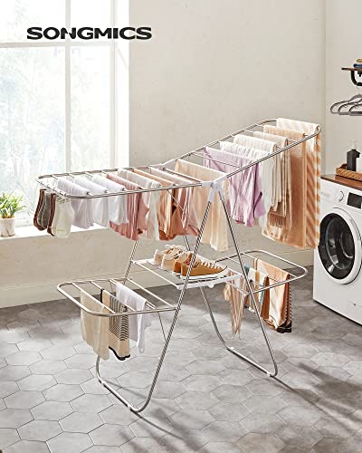 SONGMICS Clothes Drying Rack, Foldable 2-Level Stee Laundry Drying Rack - color: Silver + White, size: 2 Tiers（22"d x 61.8"w x 64.3''h )