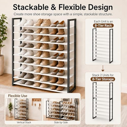 8-Tier Tall Shoe Rack, Stackable Zero-Wobble Metal Frame with Screw-Fastened Joints, 11.8" Deep Heel-Friendly Non-Woven Shelves, Space-Saving Shoe Tower for Closet Entryway Bedroom - size: 8-Tier
