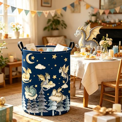 Round Dragon Print Waterproof Foldable Household Laundry Hamper - color: Round Cute Dragon