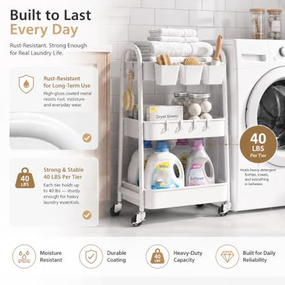 Heavy Duty 3 Tier Rolling Cart Metal with Wheels, White Three Tiered Shelf - color: Pure White