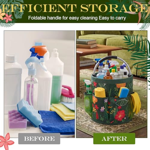 Bucket Tool Organizer, 6 Pockets Garden Bucket Caddy Foldable Buckets Caddy Organizer Fit 3.5 to 5 Gallon Buckets, Portable Gardening Tool Bag with Handle for Cleaning Home Garden(Green Leaves) - style: Green Leaves