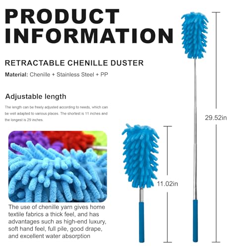 Microfiber Feather Duster with 29 in Telescoping Pole and Bendable Head for Ceiling Fans, Ceilings, Blinds, Furniture and Cars, Blue - color: Blue