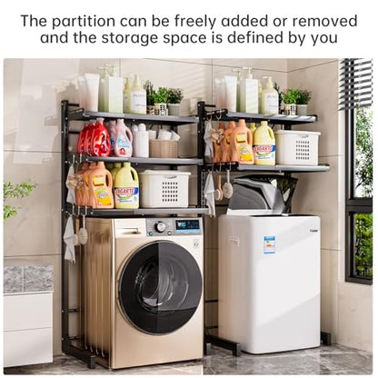 Carbon Steel Over Washer and Dryer Shelf, 2 Tier Bulkhead Laundry Room Storage and Organization Riser, Above Toilet Rack, (14.17“-25.59”) W*15.75 “D*63.39 ”H, Gray