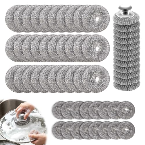 50Pcs Steel Wool Scrubber with 2 Handles, Stainless Steel Scrubber Pads for Dishes, Pots, Pans, Grill, Oven, Kitchen Cleaning, Rust Resistant Heavy Duty Scouring Pads