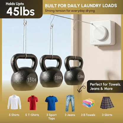 Retractable Clothesline Indoor, Wall Mounted, White - color: White