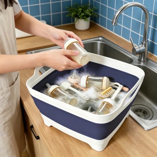 FOSJGO Collapsible Dish Basin with Drain Plug, Foldable Sink, 2.4 Gal (9L) - color: Navy blue
