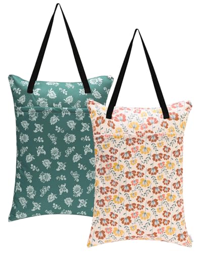 ALVA ALVABABY 2 Pack Large Wet Dry Bag Waterproof Hanging Cloth Diaper with Double Zippered Pockets 25x18 inches 2HL03 - color: Small Colorful Flowers and White Prints